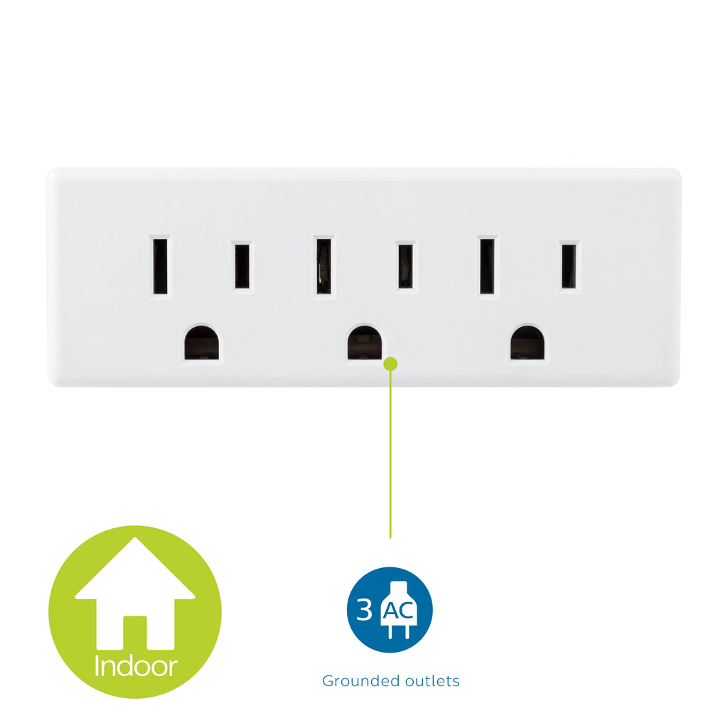 Philips Grounded 3-Outlet Tap, White, 2pk