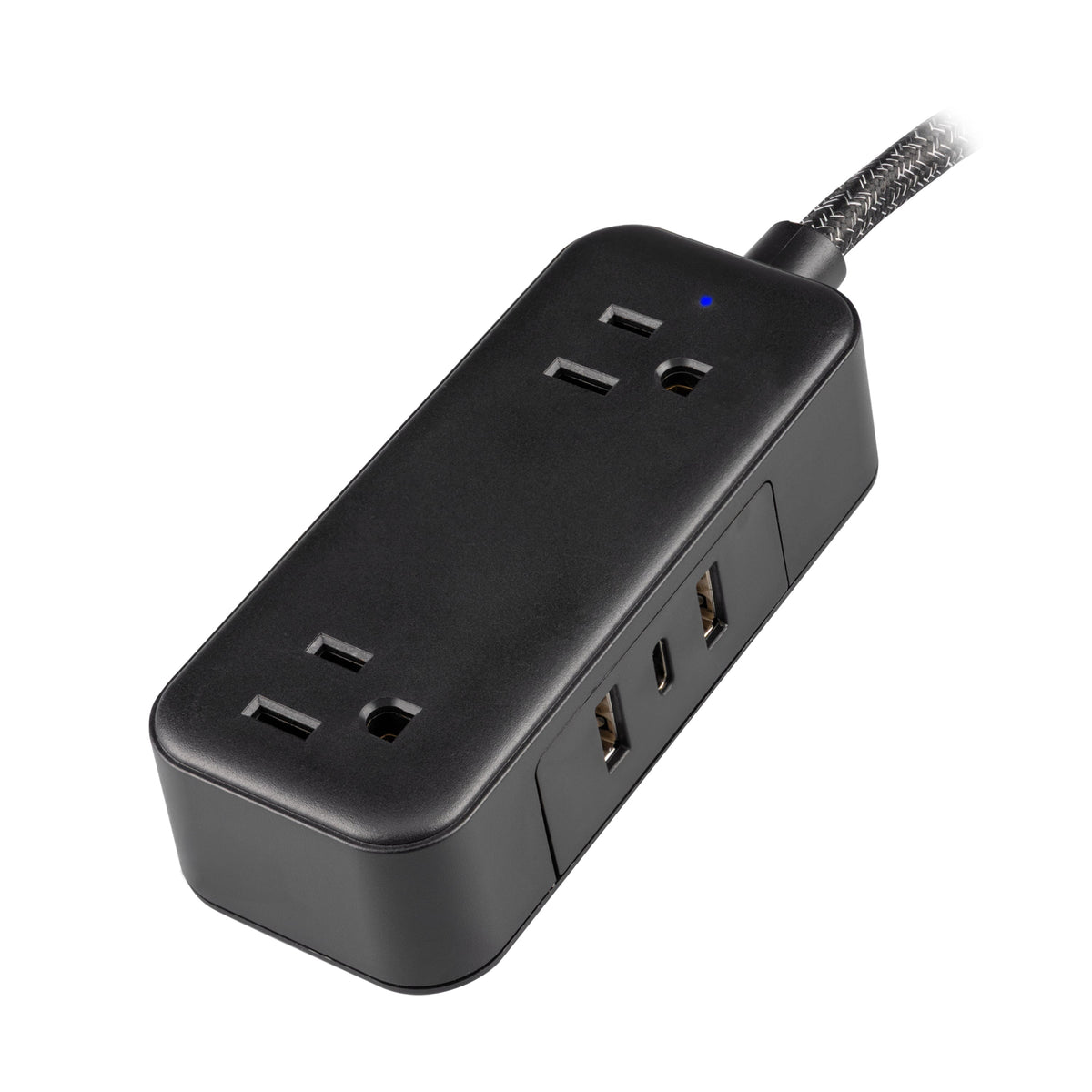 Philips 2-Outlet Extension Cord, 1 USB-C, 2 Type-A Ports, Braided Extension Cord with Multiple Outlets, Flat Plug, Black