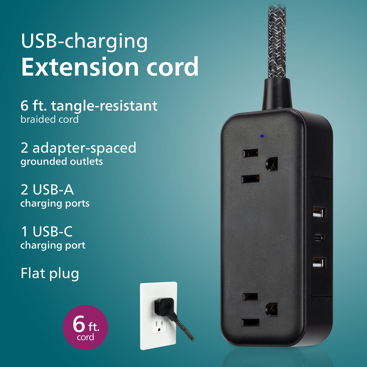 Philips 2-Outlet Extension Cord, 1 USB-C, 2 Type-A Ports, Braided Extension Cord with Multiple Outlets, Flat Plug, Black