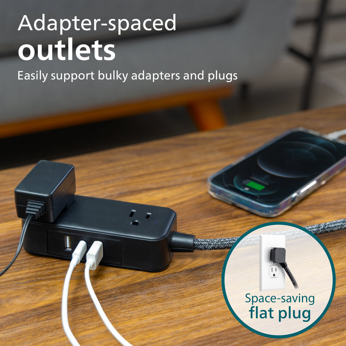 Philips 2-Outlet Extension Cord, 1 USB-C, 2 Type-A Ports, Braided Extension Cord with Multiple Outlets, Flat Plug, Black