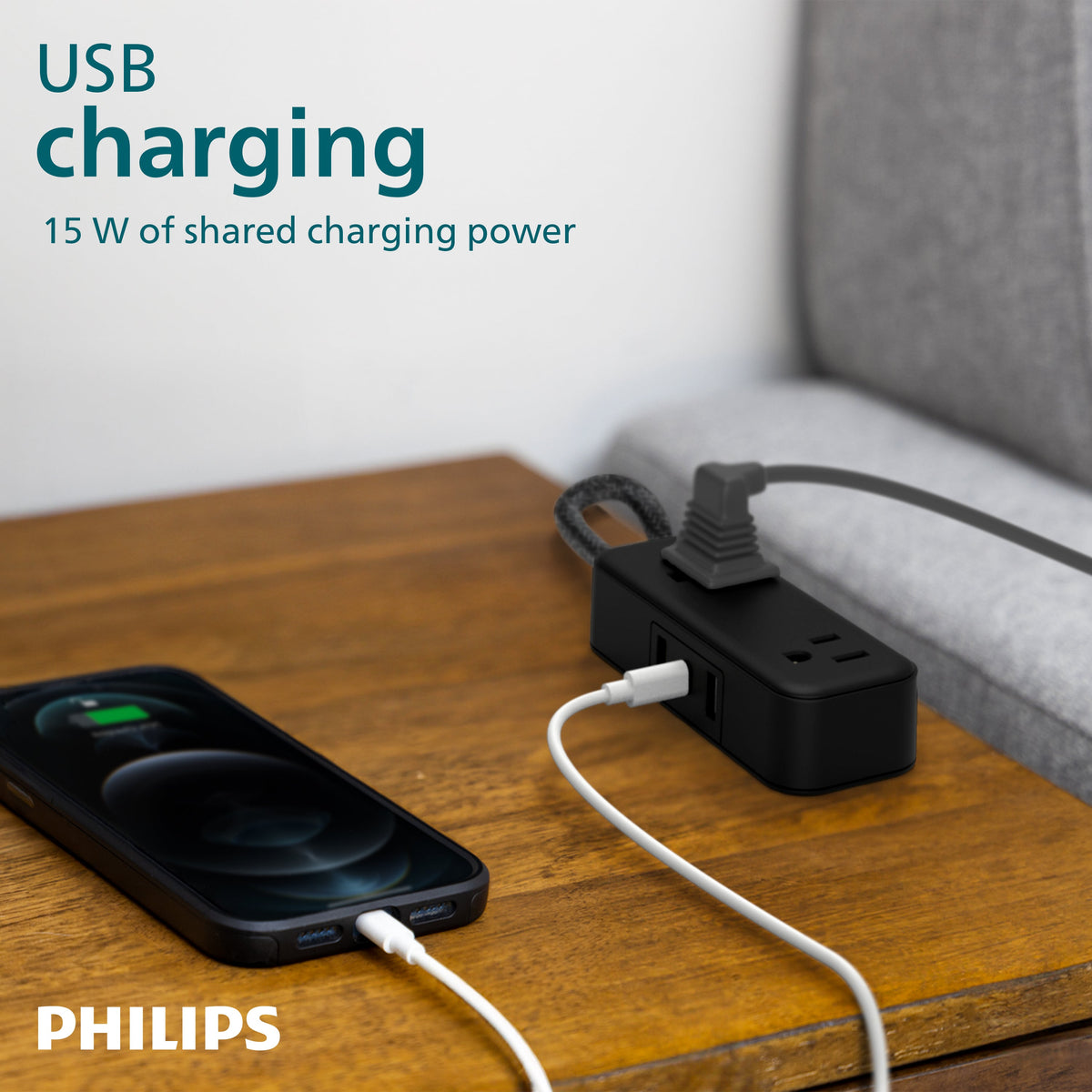 Philips 2-Outlet Extension Cord, 1 USB-C, 2 Type-A Ports, Braided Extension Cord with Multiple Outlets, Flat Plug, Black