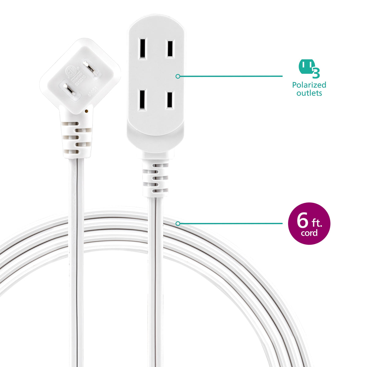 Philips 3-Outlet Extension Cord with Multiple Outlets, 6 Ft, 2 Pack