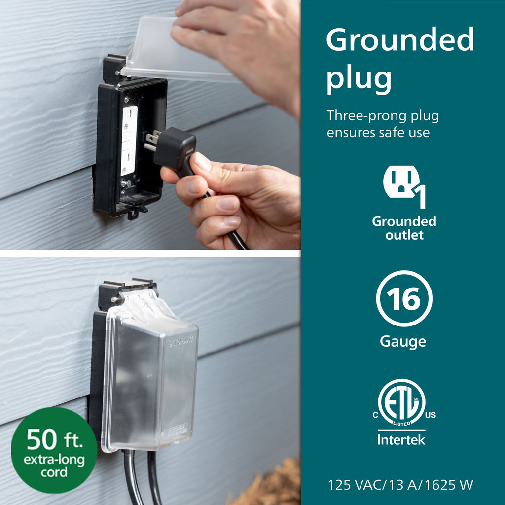 Philips EZGrip 1-Outlet Outdoor Extension Cord, 50 Ft, Black