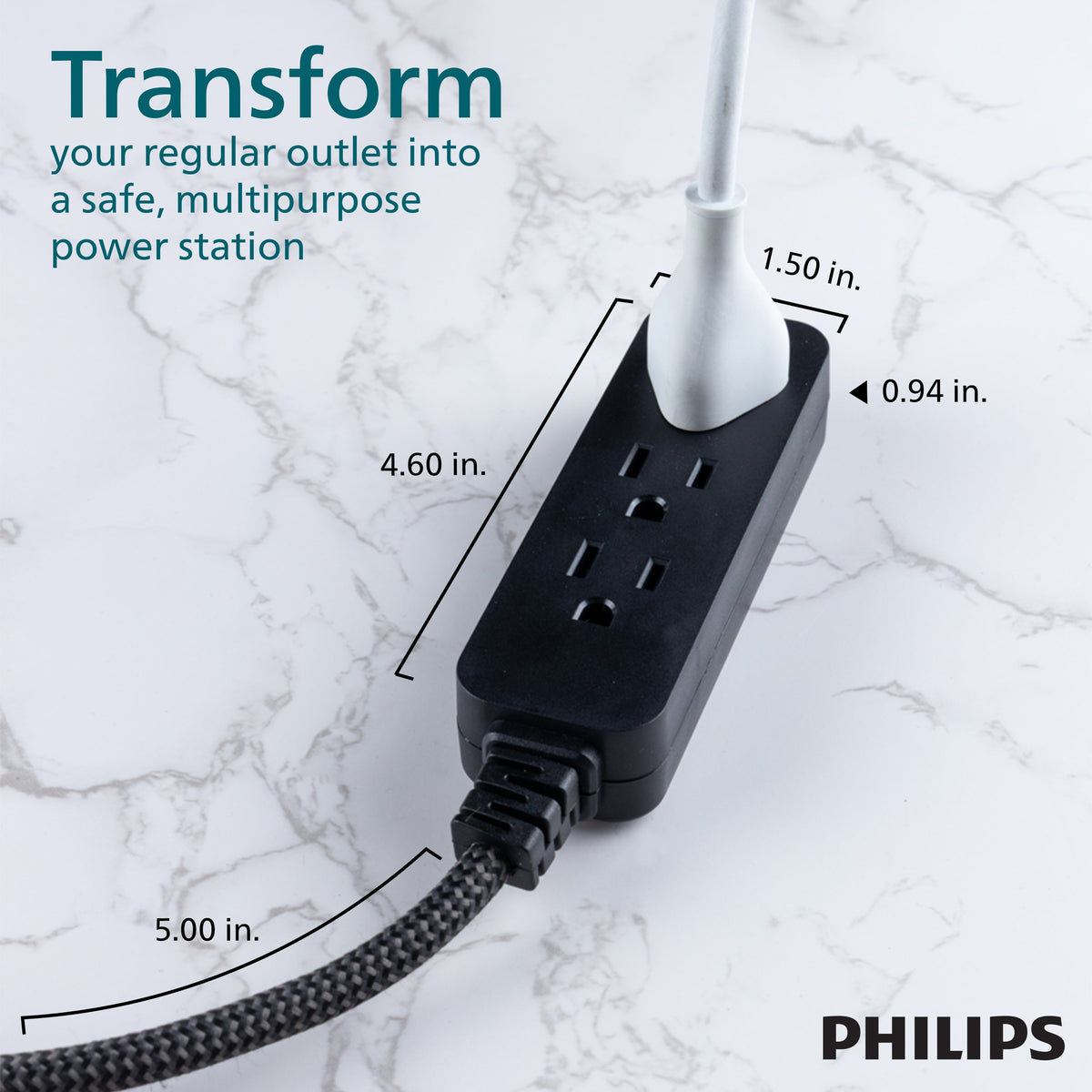 Philips 3-Outlet Grounded Mini Extension Cord, Flat Plug, Black