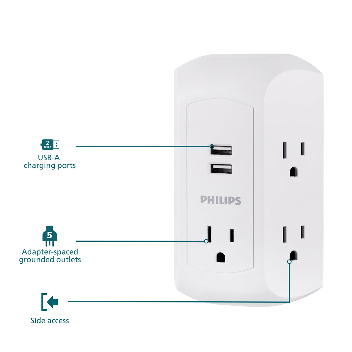 Philips 5-Outlet USB-A Charging Surge Protector