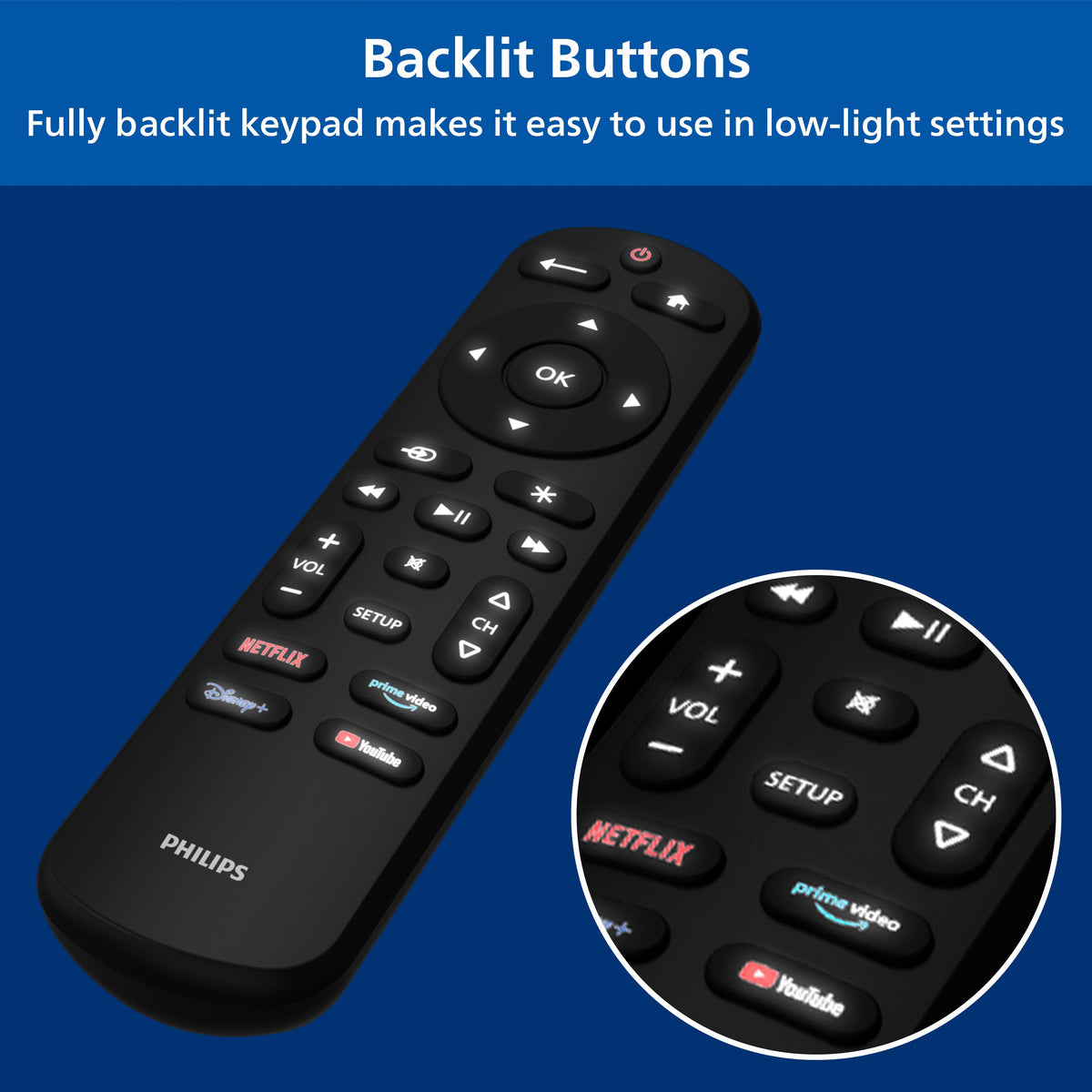 Philips OneTouch Streaming Replacement Remote Control, Streaming, Backlit, Black