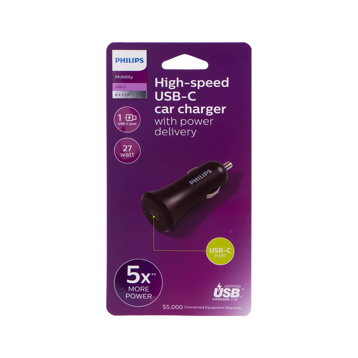 Philips 1-USB Car Charger with USB-C and Power Delivery, Black