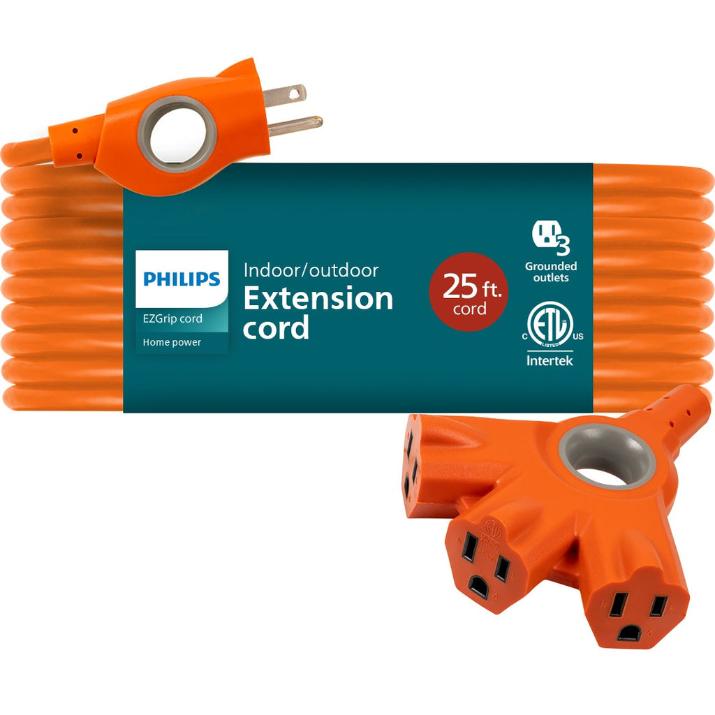 Philips EZGrip™ 3-Outlet 25ft. Indoor/Outdoor Extension Cord, Orange