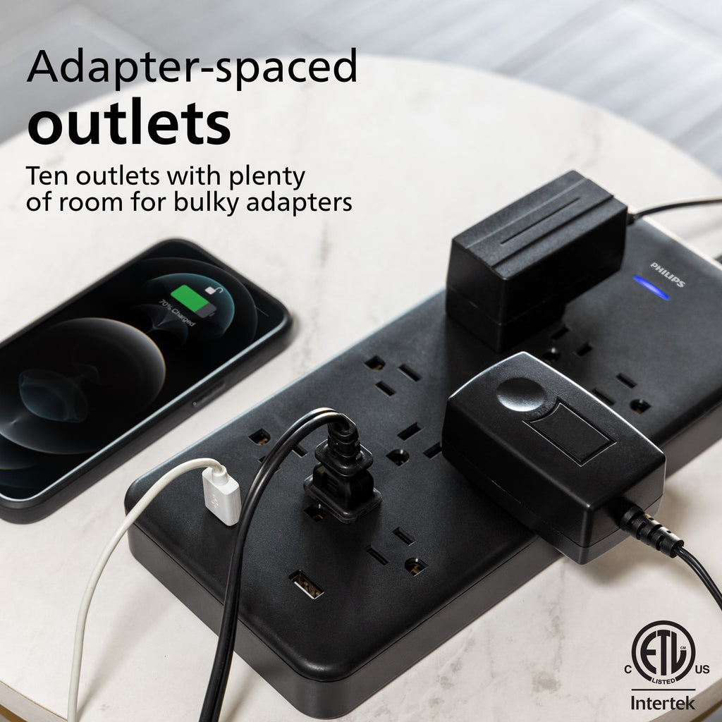 Philips 10-Outlet 6ft. 2 USB-A Surge Protector With Adapter-Spaced Outlets, Black