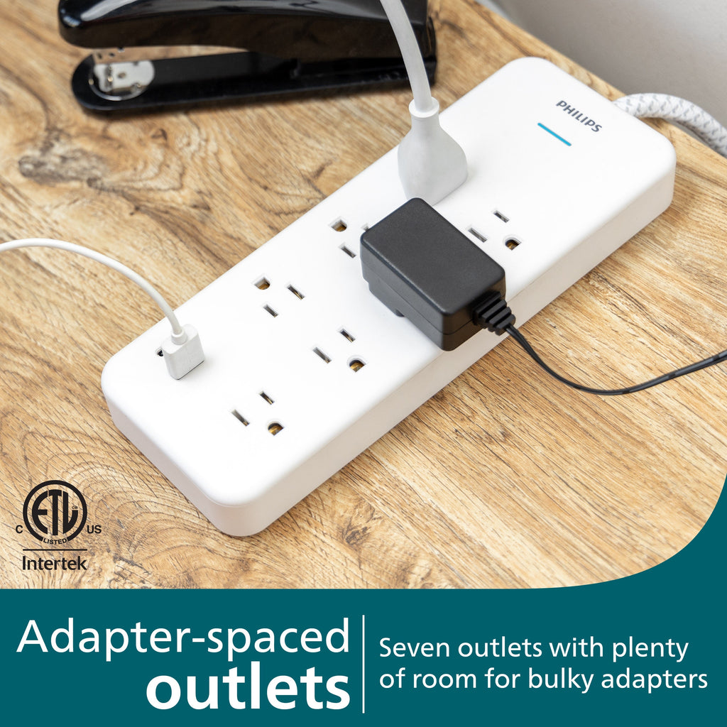 Philips 7-Outlet 6ft. 1 USB-A 1 USB-C Surge Protector With Adapter-Spaced Outlets, White