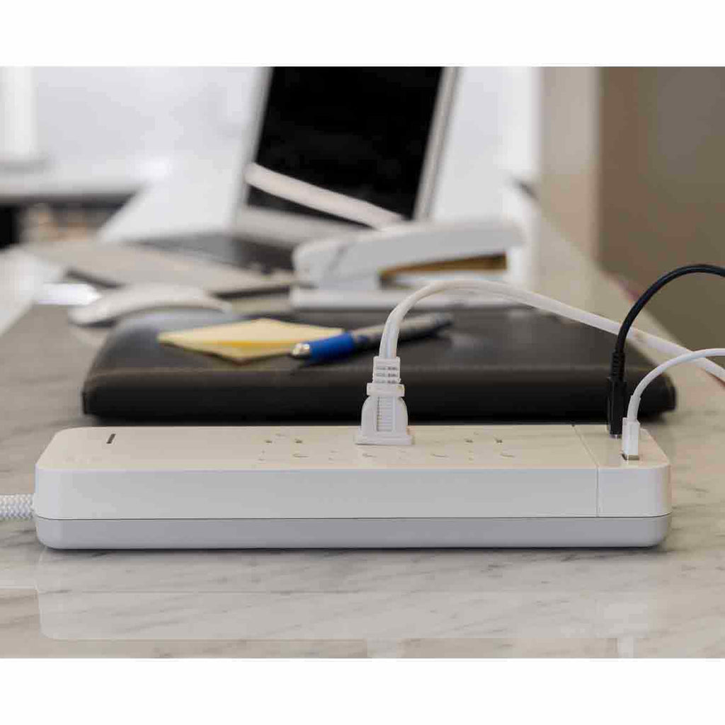 GE 7-Outlet 2-USB 4ft. Surge Protector with USB-C and Braided Cord, White