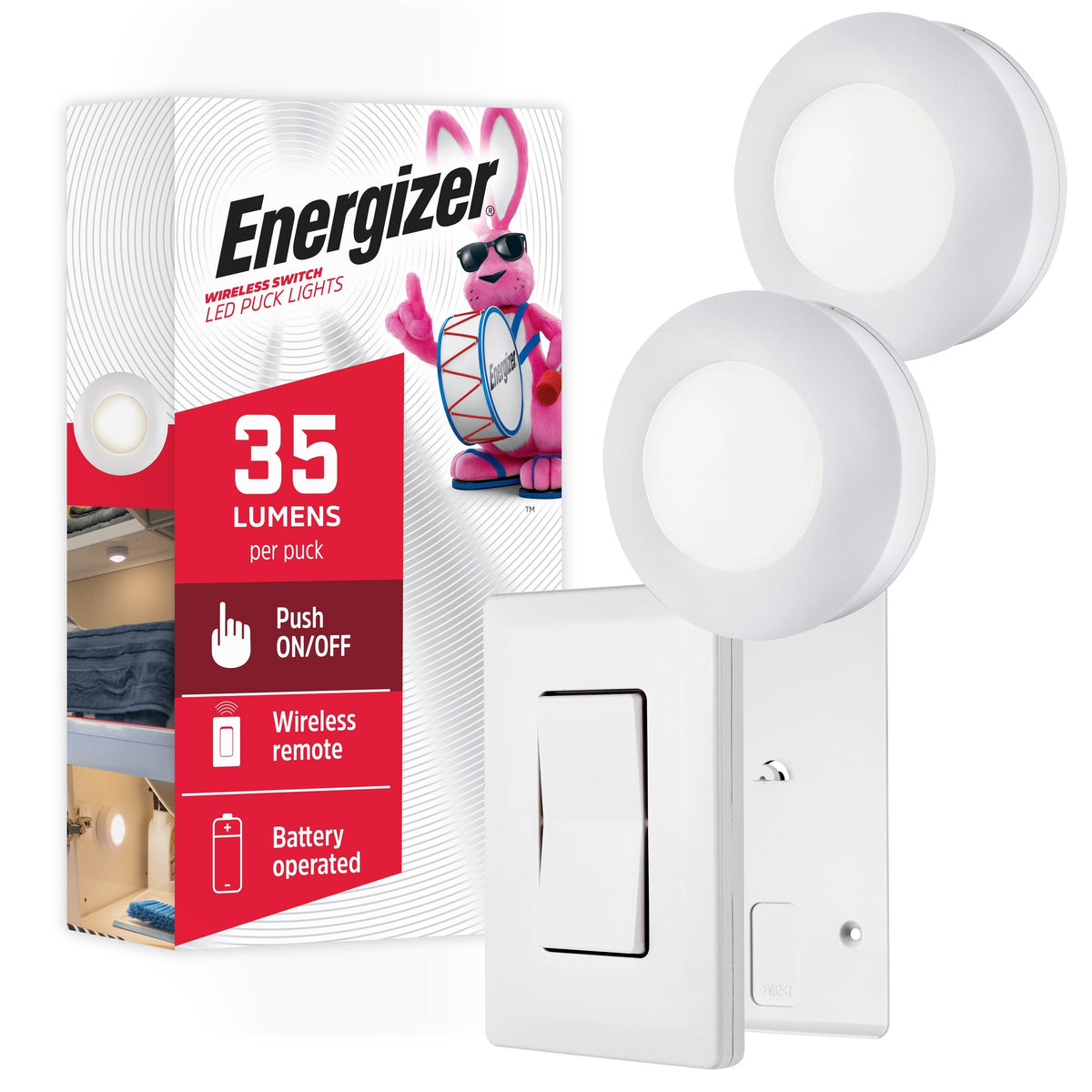 Energizer Battery Operated LED Puck Light with Wall Switch Remote, 2 Pack, White