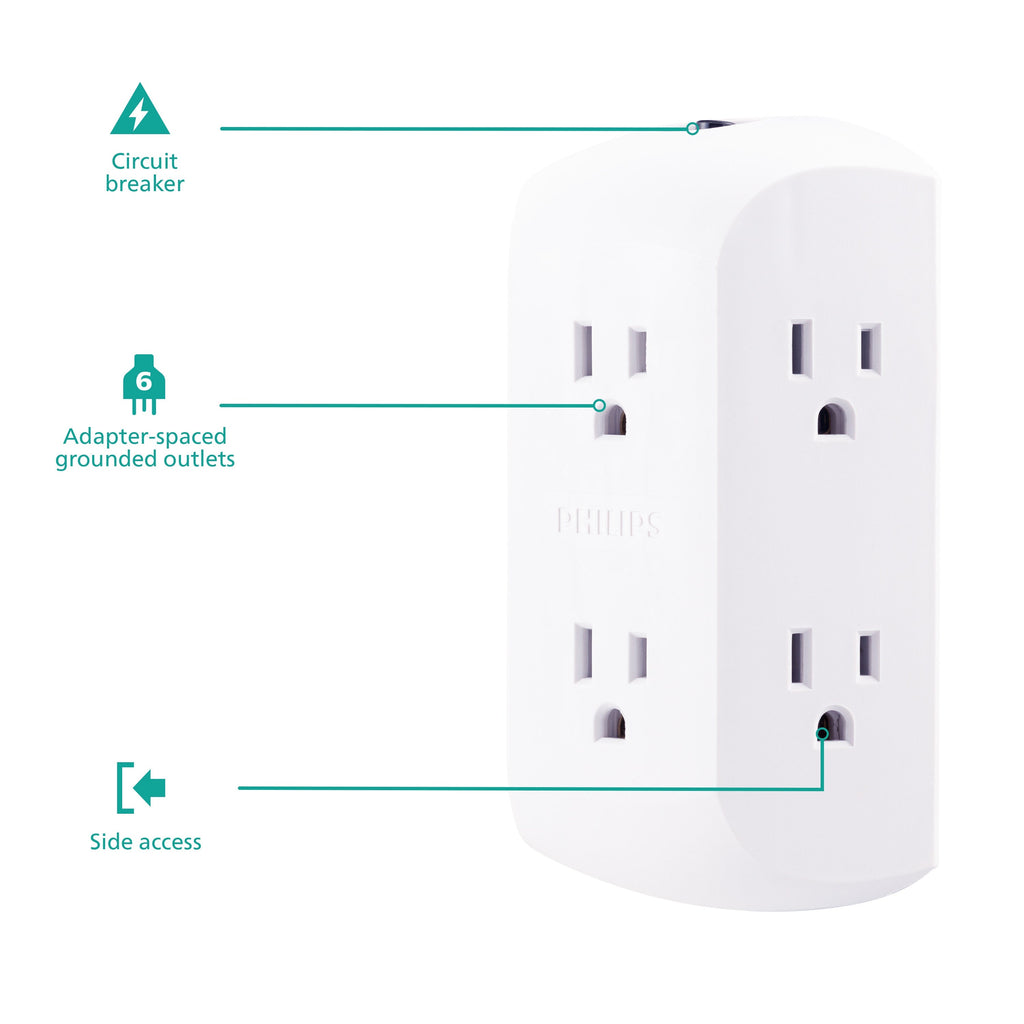 Philips 6-Outlet Wall Tap with Resettable Circuit Breaker, White