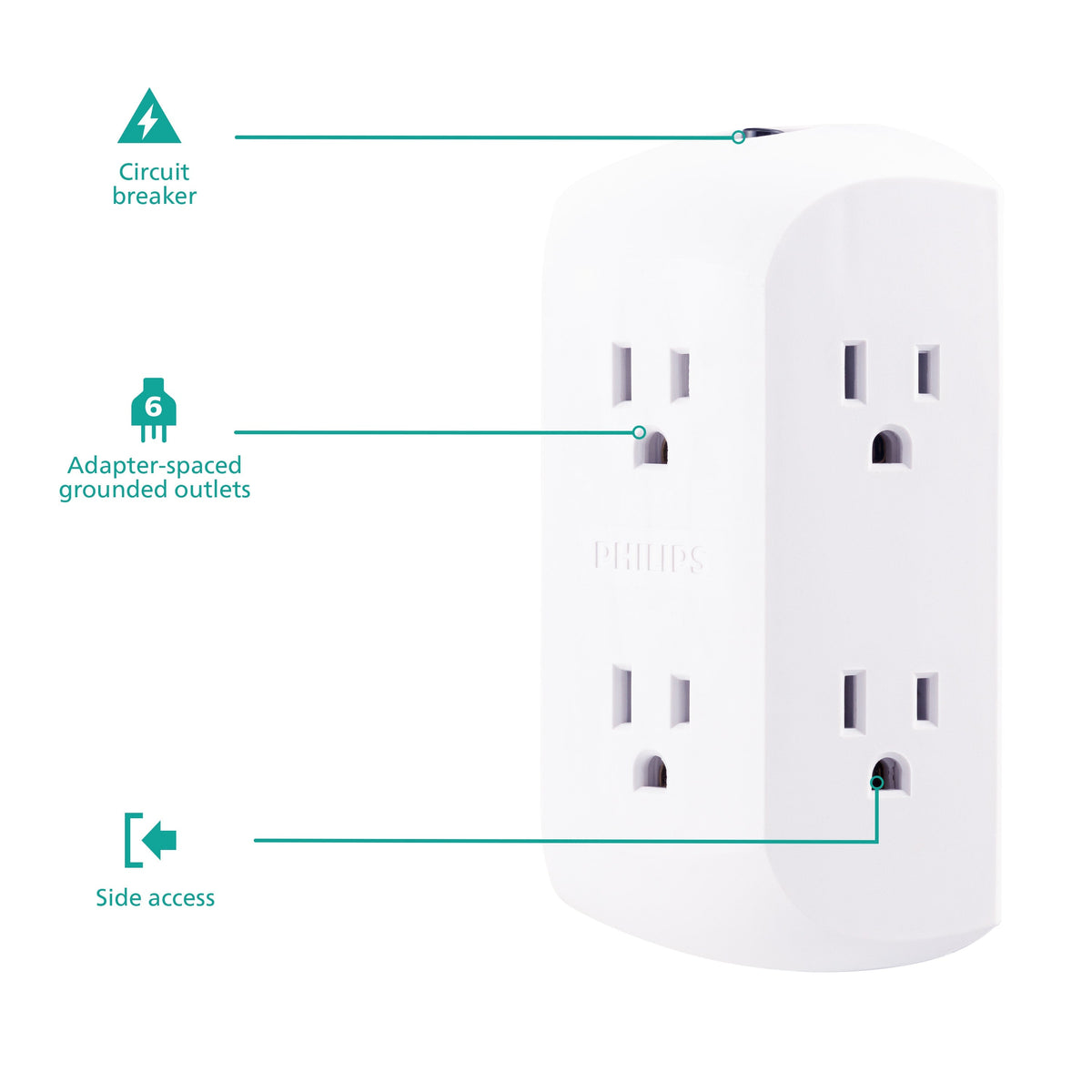 Philips 6-Outlet Wall Tap with Resettable Circuit Breaker, White