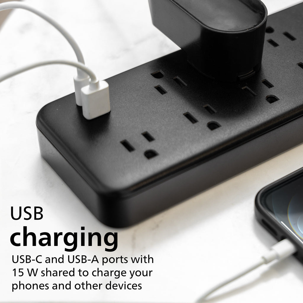 Philips 9-Outlet 6ft. 1 USB-A 1 USB-C Surge Protector With Adapter-Spaced Outlets, Black