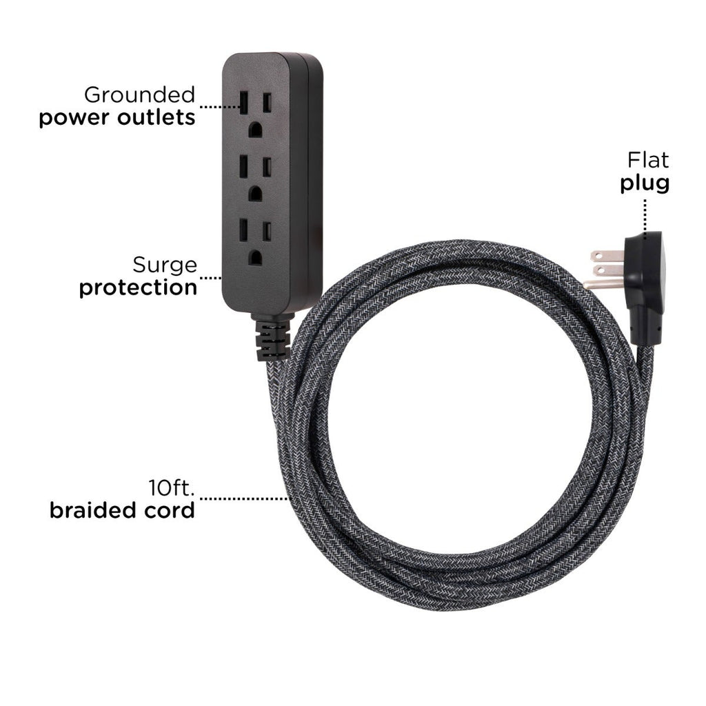 Cordinate 3-Outlet 10ft. Braided Extension Cord with Surge Protection, Black/Dark Heather