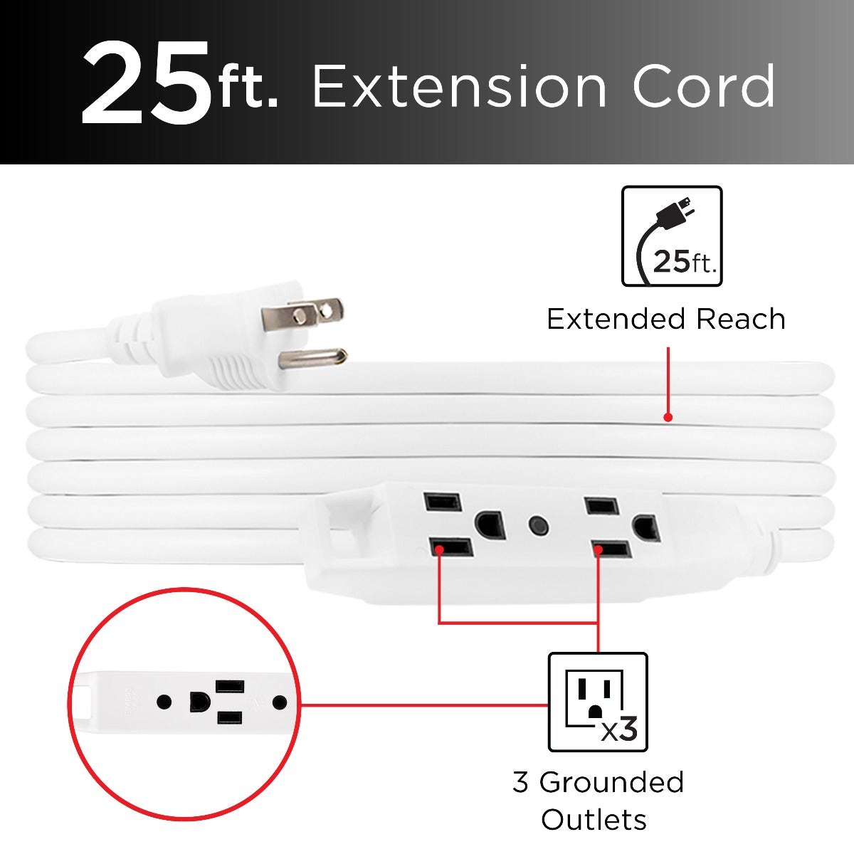 UltraPro 3-Outlet 25ft. Heavy Duty Indoor/Outdoor Extension Cord, 2 Pack, White