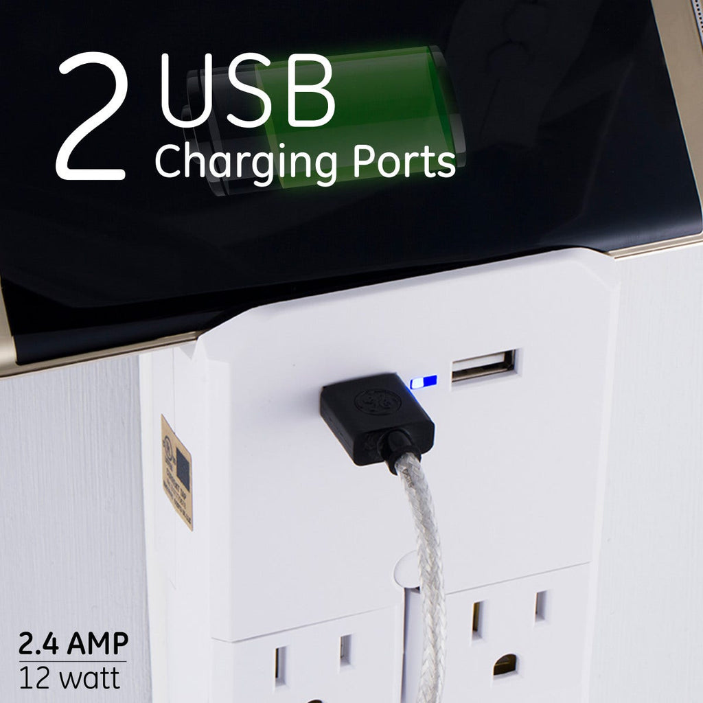 GE 6-Outlet 2-USB Wall Tap with Surge Protection and Swivel Outlets, White