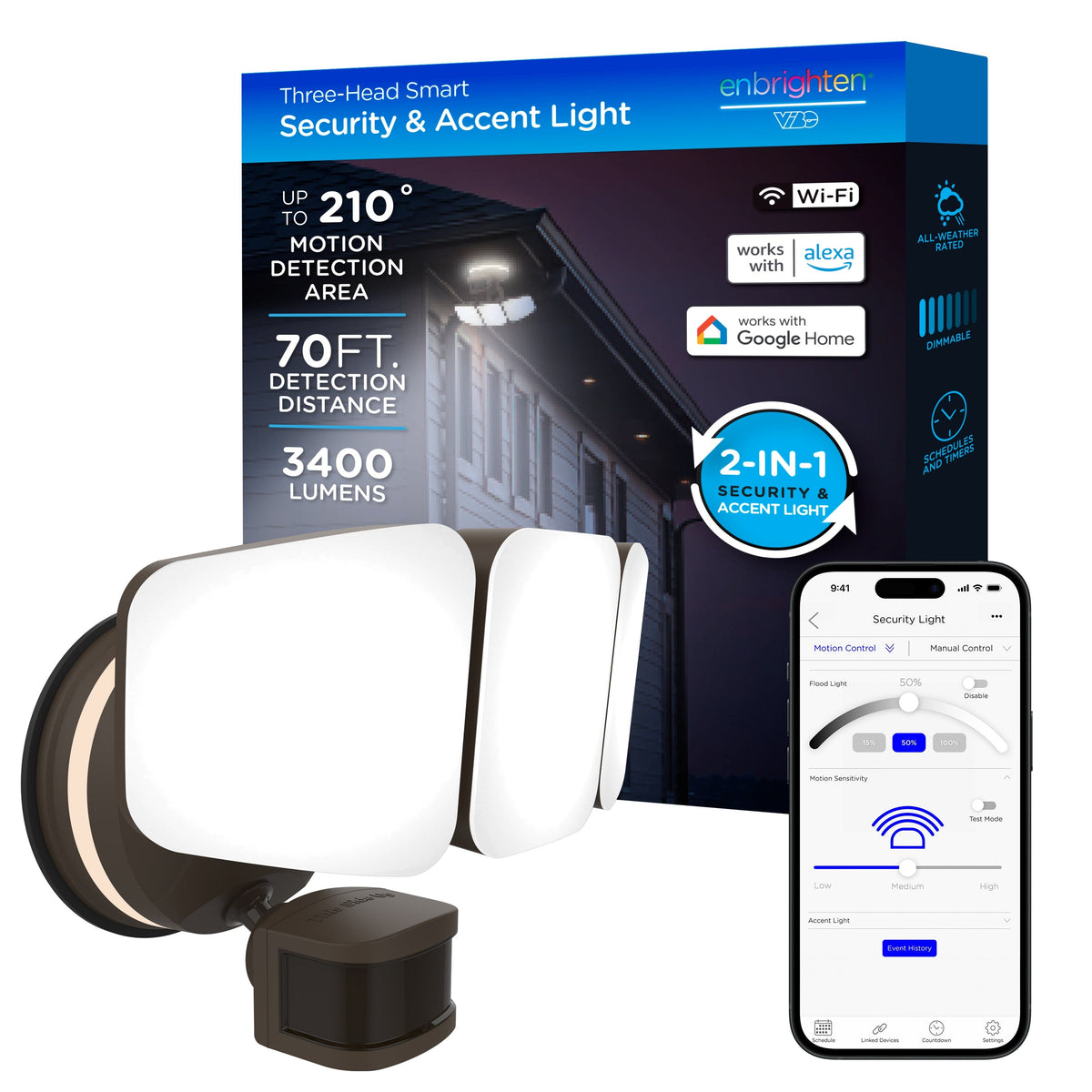 Enbrighten VIBE Outdoor 3-Head Motion-Sensing Back Lit WiFi LED Security Light, Bronze