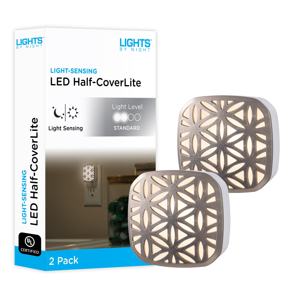 Lights by Night Light Sensing LED Night Light, 2 Pack, Brushed Nickel
