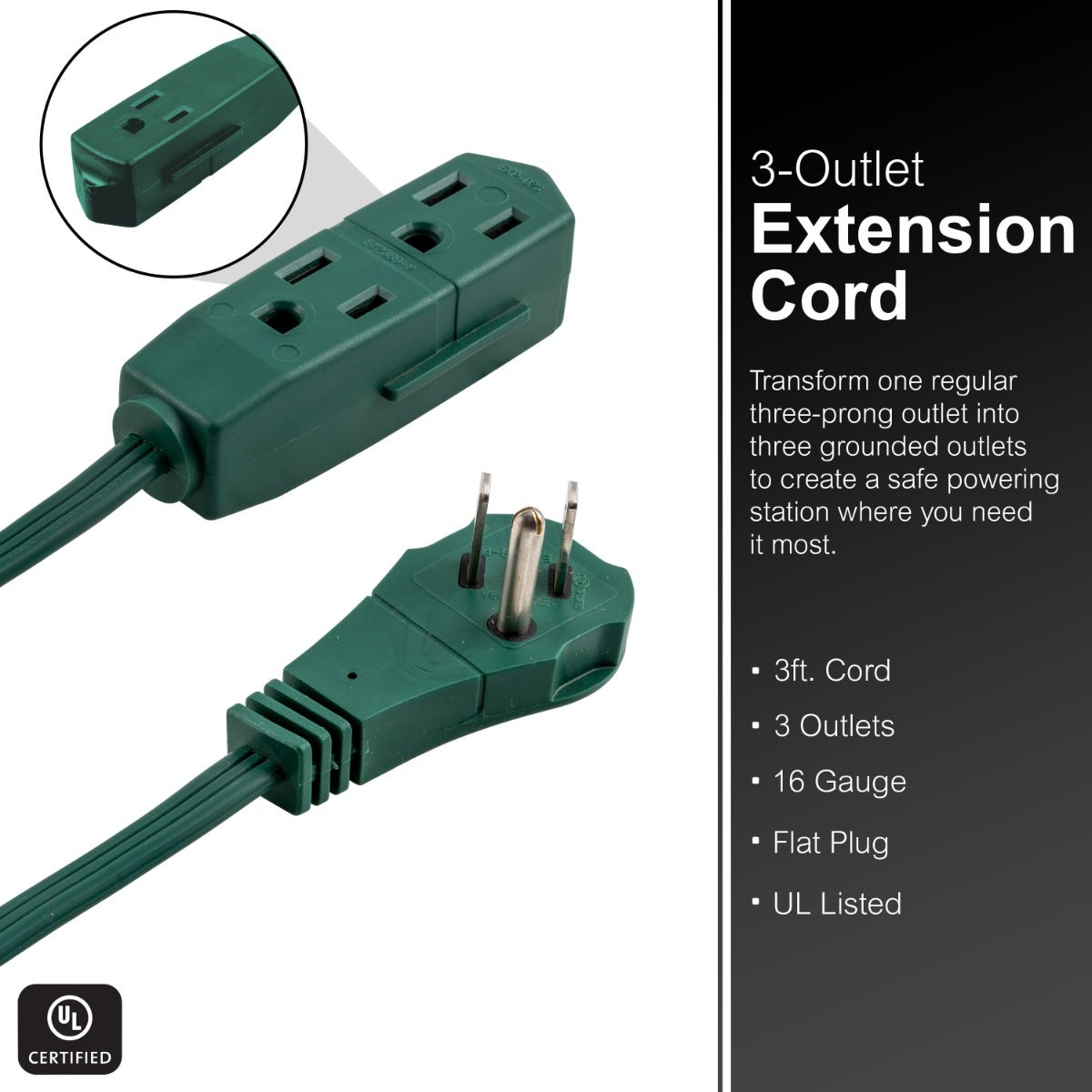 GE 3-Outlet 3ft. Extension Cord with Right-Angle Plug, Green