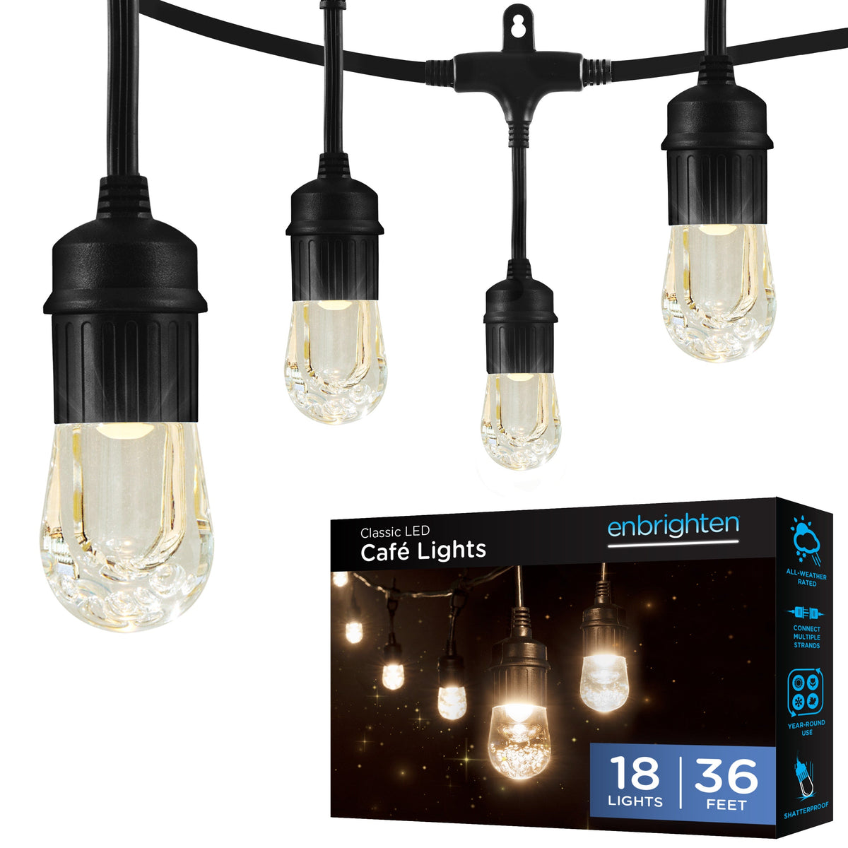 Enbrighten Classic LED Cafe Lights, 36ft. Black Cord