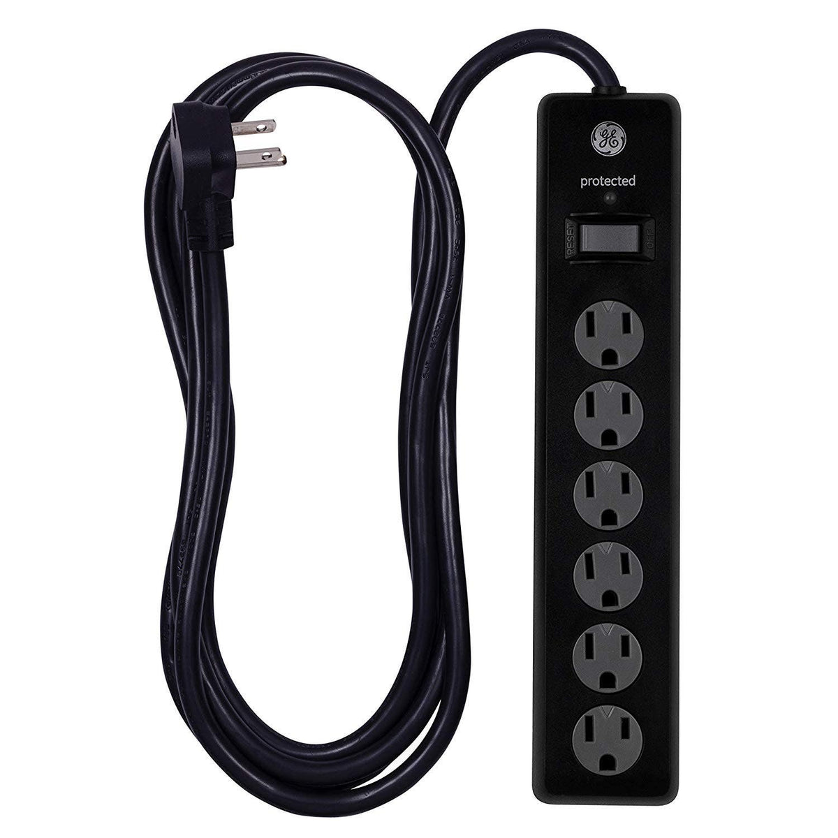 GE 6-Outlet 10ft. Surge Protector With Twist-To-Close Safety Covers, Black