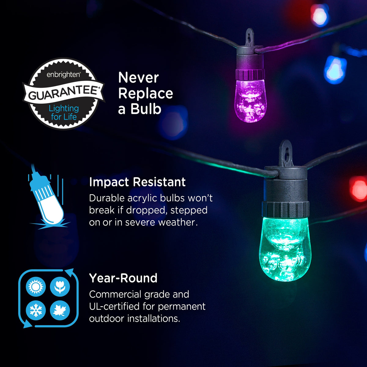 Enbrighten Ecoscapes WiFi VIBE Color-Changing LED Cafe Lights, 12 Bulbs, 24ft. Black Cord, 2 pack