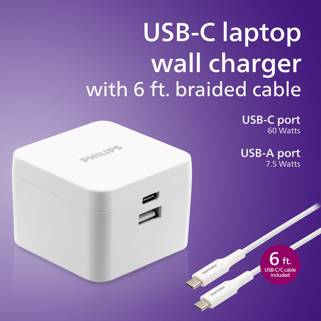 Philips Dual Port USB-C Laptop Wall Charger, White