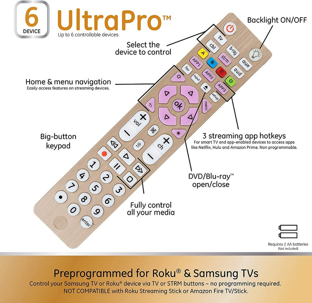GE 6-Device Backlit Universal Remote, Brushed Gold