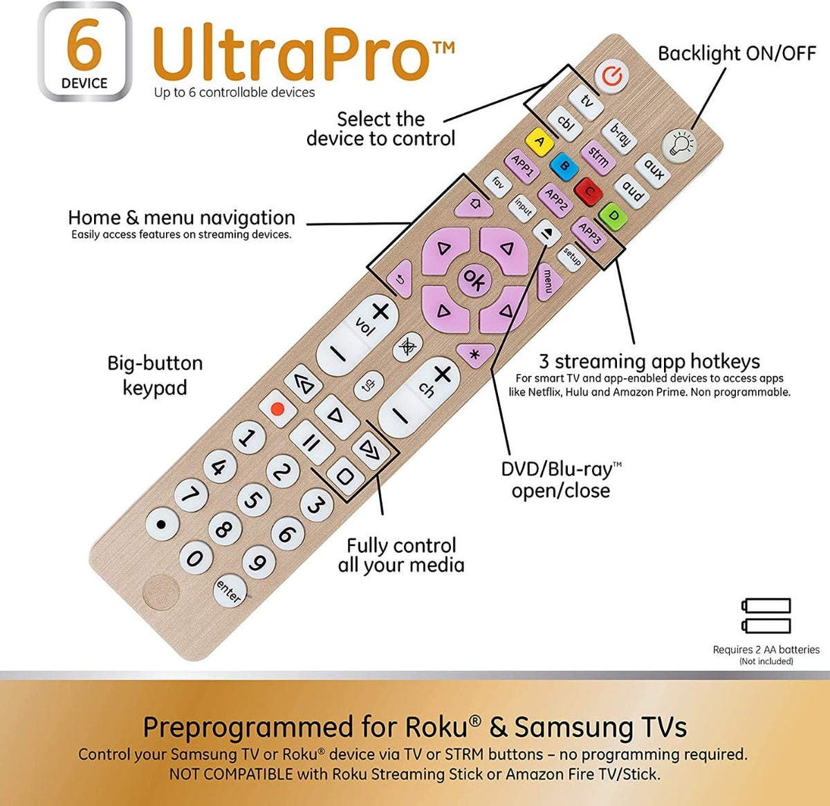 GE 6-Device Backlit Universal Remote, Brushed Gold