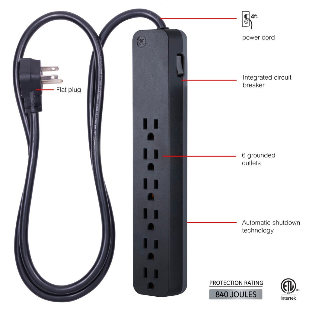 GE Pro 6-Outlet 4ft. Surge Protector, Black