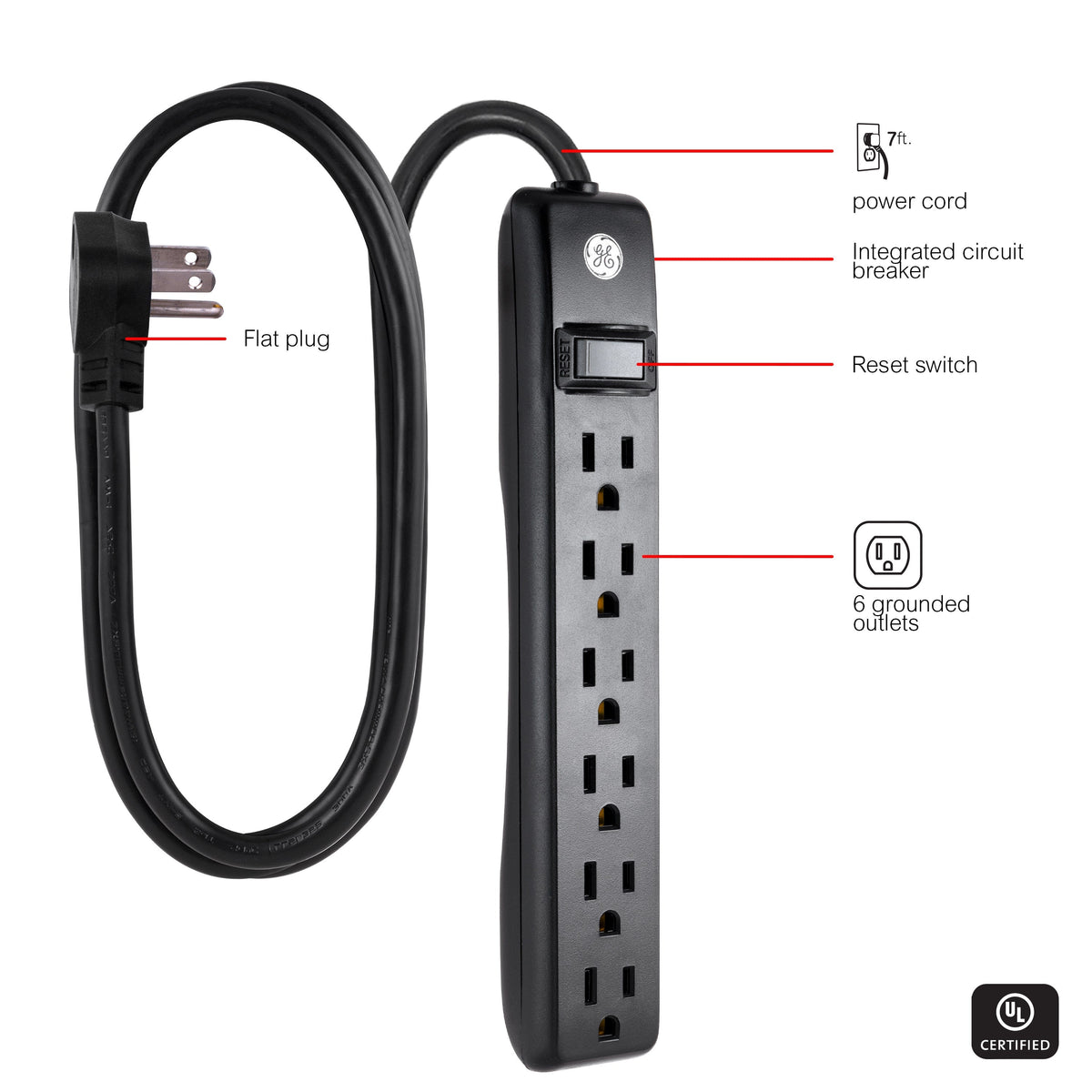 GE 6-Outlet 7ft. Power Strip, Black