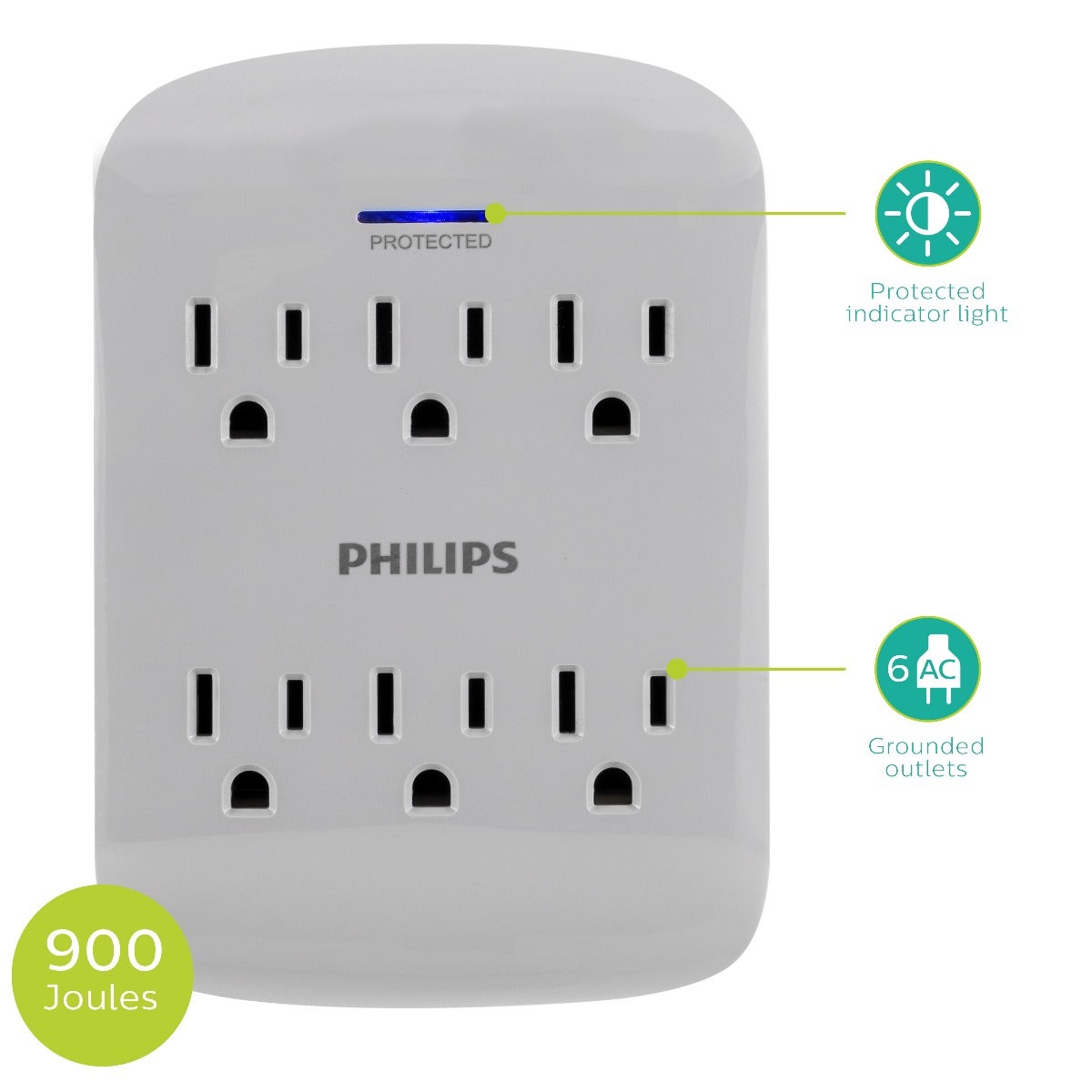 Philips 6-Outlet Wall Tap with Surge Protection, 2 Pack, Gray