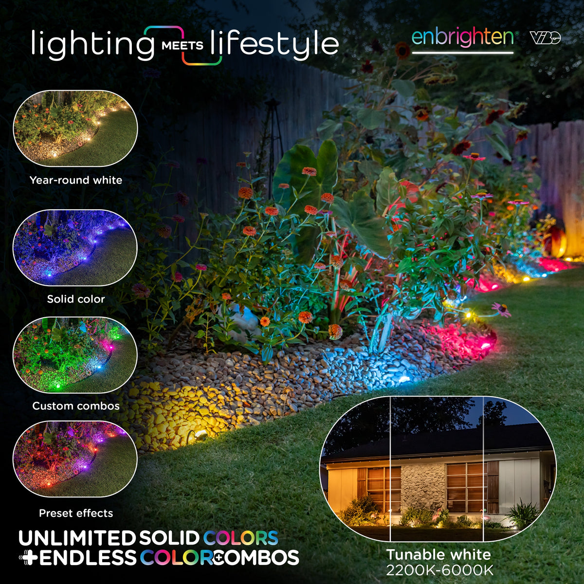 Enbrighten WiFi VIBE Color-Changing Eternity Landscape Lights, 8 Lights, 33ft. Black Cord