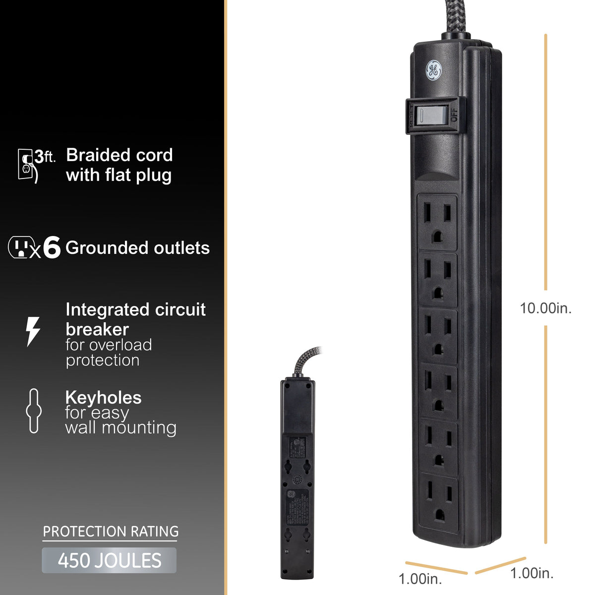 GE 6-Outlet 3ft. Surge Protector, 2 Pack, Black
