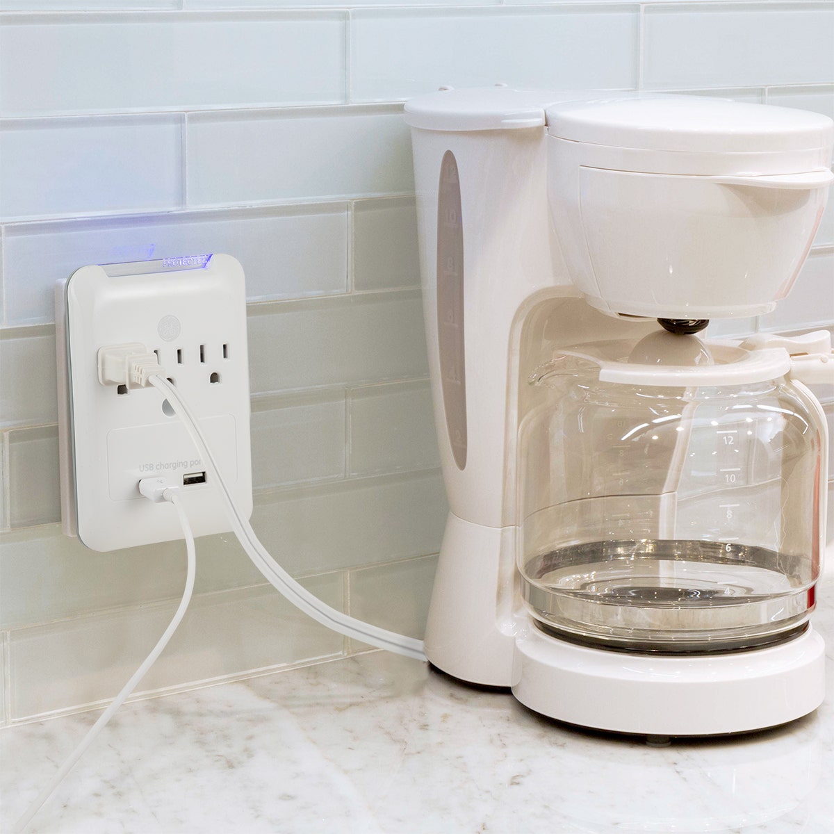 GE 3-Outlet 2-USB Wall Tap with Surge Protection, White