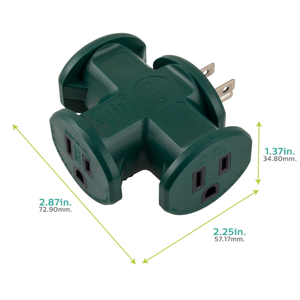 Philips 3-Outlet Heavy Duty T-Shaped Adapter, Green