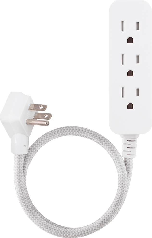 Cordinate 3-Outlet 2ft. Braided Extension Cord with Flat Plug, White/Gray