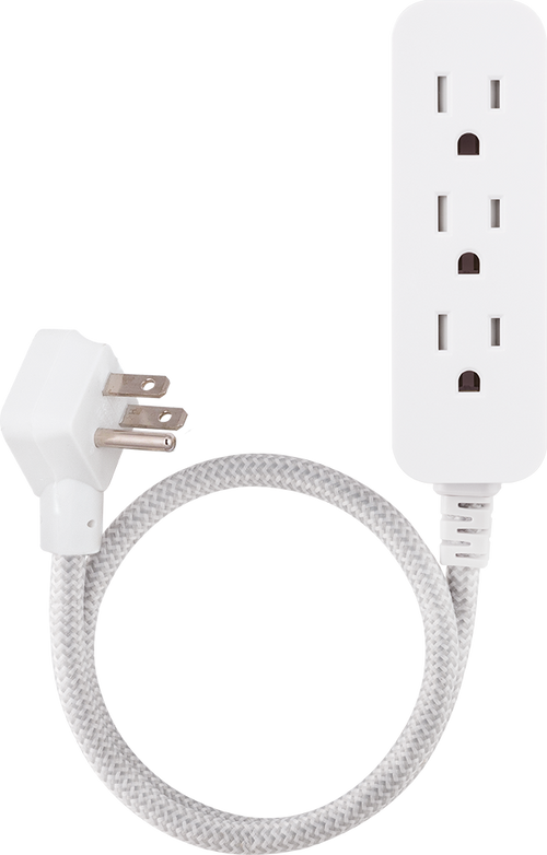 Cordinate 3-Outlet 2ft. Braided Extension Cord with Flat Plug, White/Gray