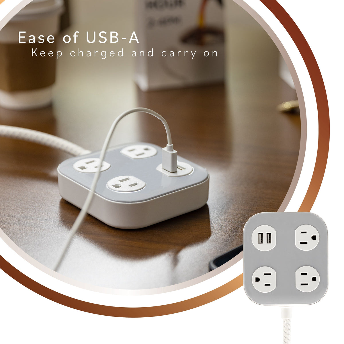 Cordinate ADAPT 3-Outlet, 2-USB 4ft. Braided Extension Cord, Cream/Gray