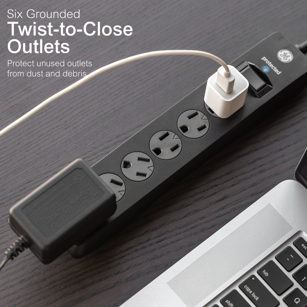GE 6-Outlet 6ft. Surge Protector with Twist-to-Close Safety Outlets, Black