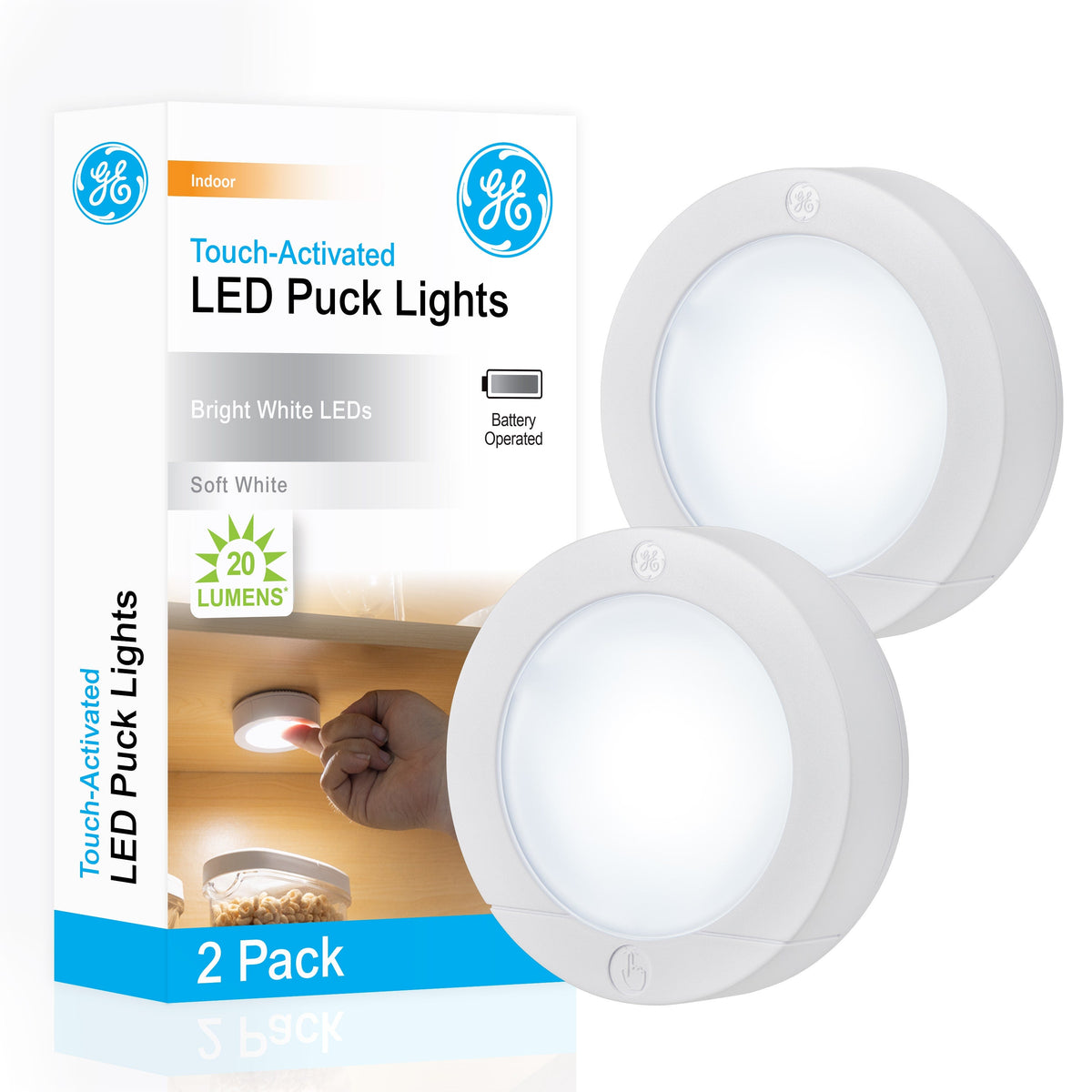 GE Battery Operated Touch Activated LED Puck Lights, 2 Pack, White