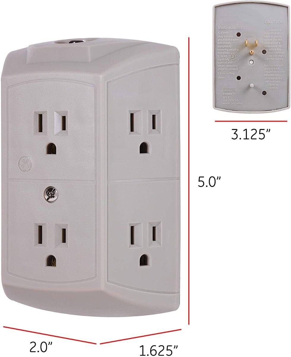 GE 6-Outlet Wall Tap with Resettable Circuit Breaker, 2 Pack, Gray