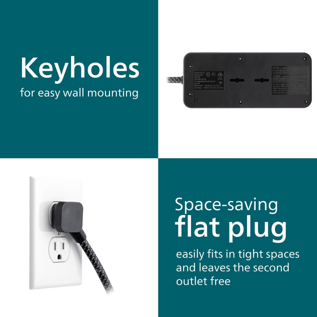 Philips 5-Outlet 6ft. 1 USB-A 1 USB-C Surge Protector With Adapter-Spaced Outlets, Black