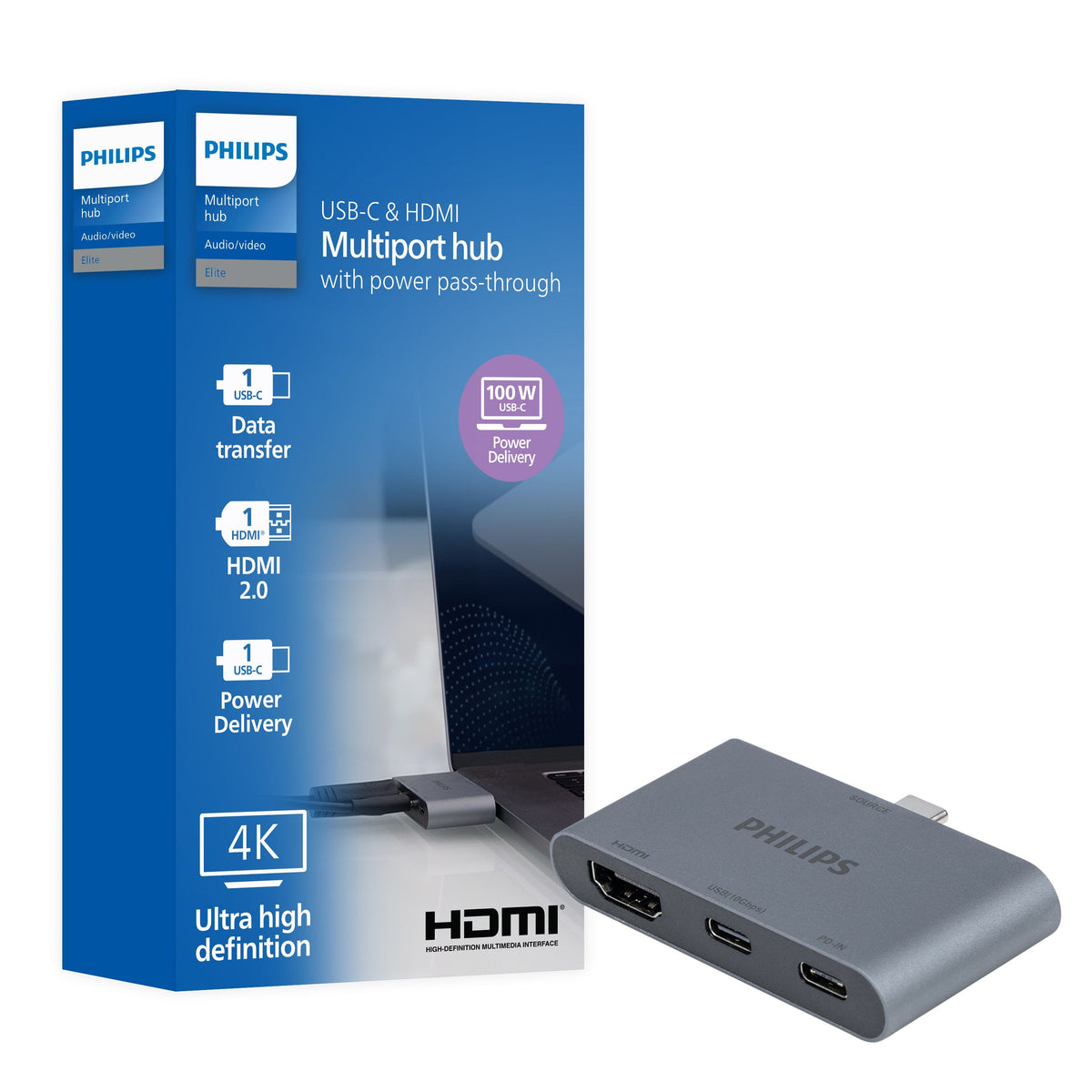 Philips USB-C and HDMI Multiport Hub With Power Pass-Through, Silver