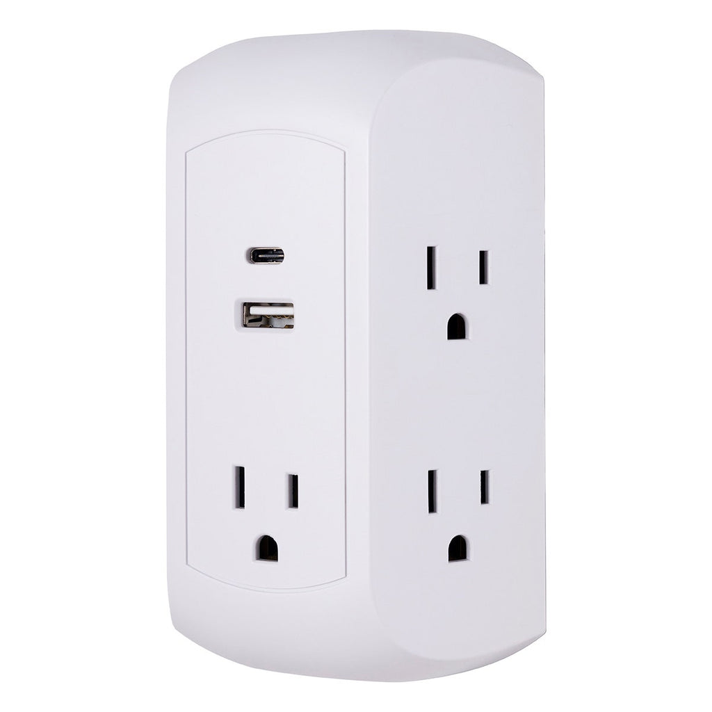 GE 5-Outlet 2-USB Wall Tap with Surge Protection and USB-C, White