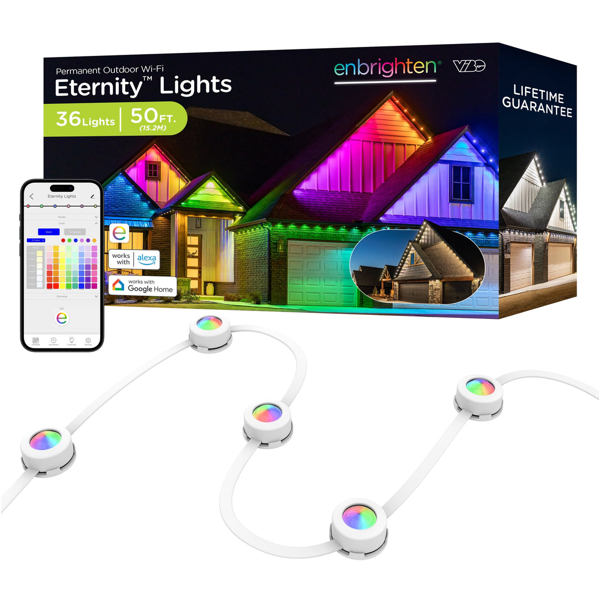 Enbrighten WiFi VIBE Color-Changing Permanent Outdoor Eternity Eave Lights, 36 Lights, 50ft. White Cord