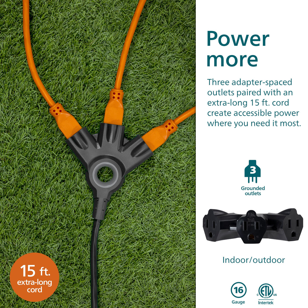 Philips EZGrip™ 3-Outlet 15ft. Indoor/Outdoor Extension Cord, Black