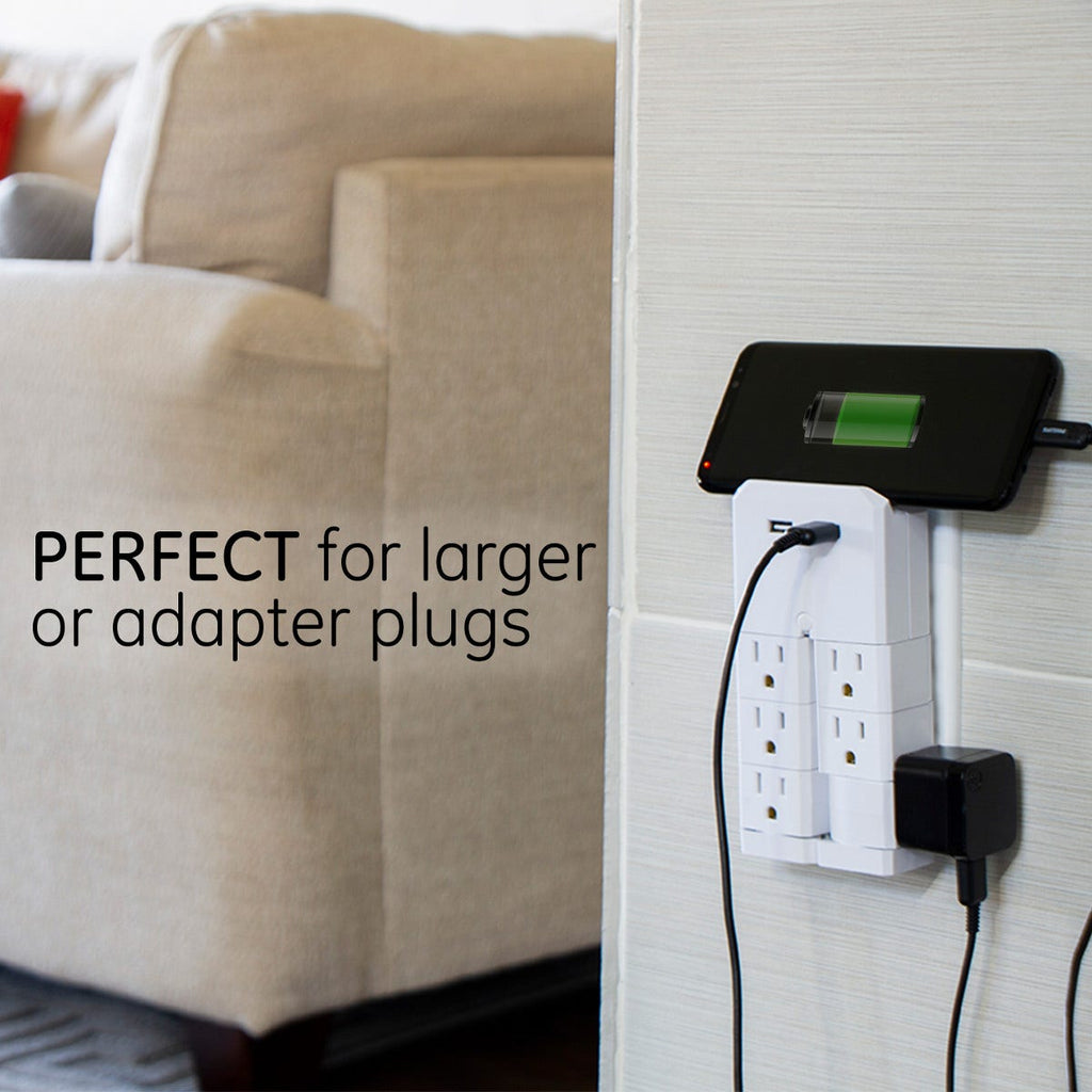 GE 6-Outlet 2-USB Wall Tap with Surge Protection and Swivel Outlets, White
